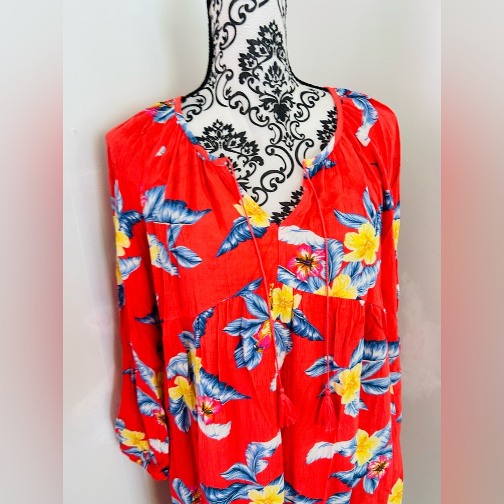 Old Navy Women’s Tropical Floral Peasant Tasseled 3/4 Sleeve Mini Swing Dress M - Picture 4 of 11